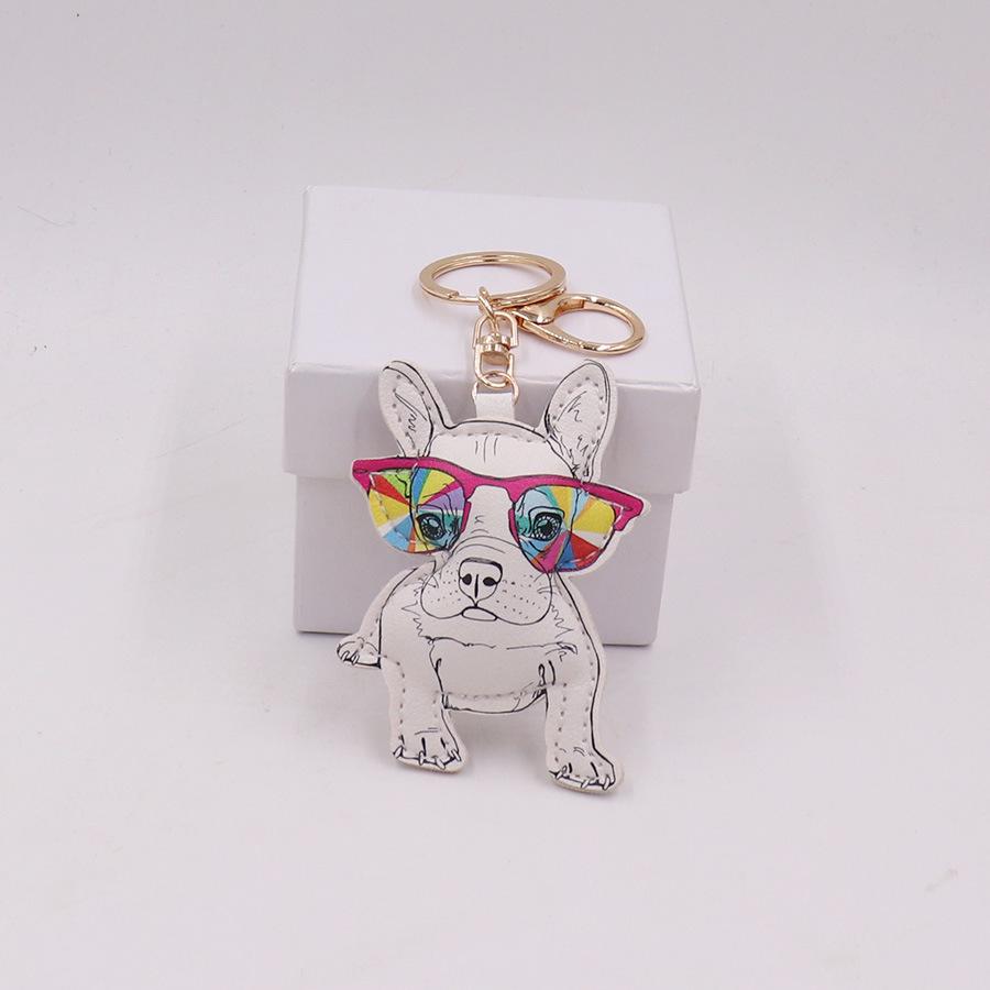 Cute Cartoon Glasses Puppy Leather Keychain Bag Charm +Gold 8-Shaped Buckle