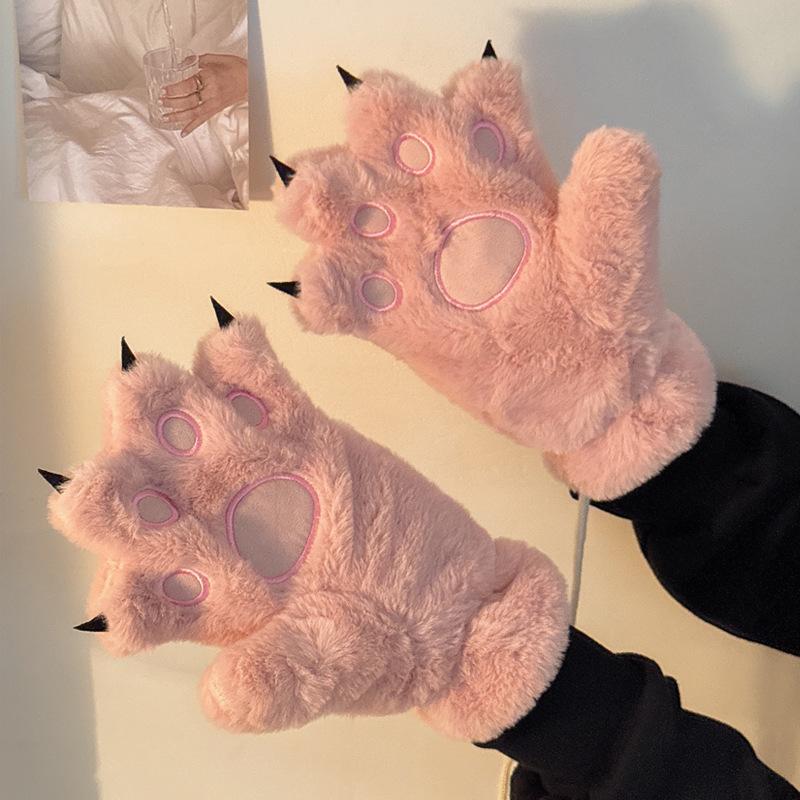 Guantes de Invierno Lindos de Dibujos Animados para Niña, con Felpa, Cortavientos, Cálidos, con Colgante para el Cuello de Oso/Huella de Gato