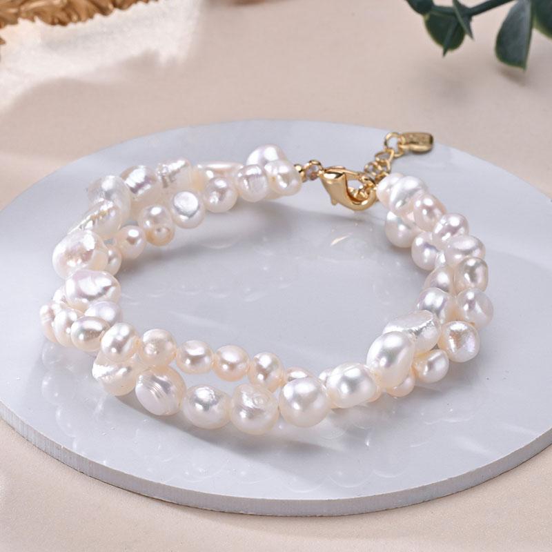 HENGSHENG Freshwater 5-6mm 8-9mm White Pearl Double Baroque Bracelet 925 Sterling Silver Fine Jewelry Gifts for Women Girls