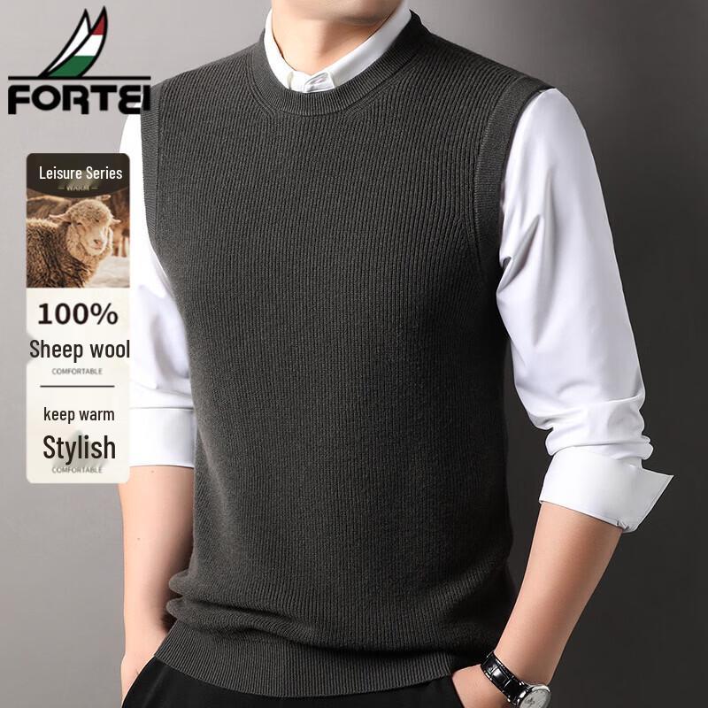 FORTEI Men's 100% Pure Wool Crew Neck Sleeveless Sweater Vest