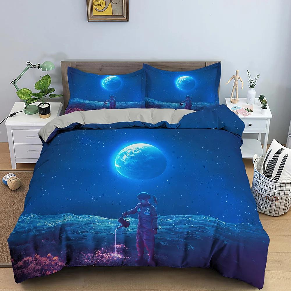 Outer Space Astronaut Duvet Cover Set Blue Galaxy For Teens Boys Gifts Astronaut Dream Planets Bedding Set Bedroom Decorations