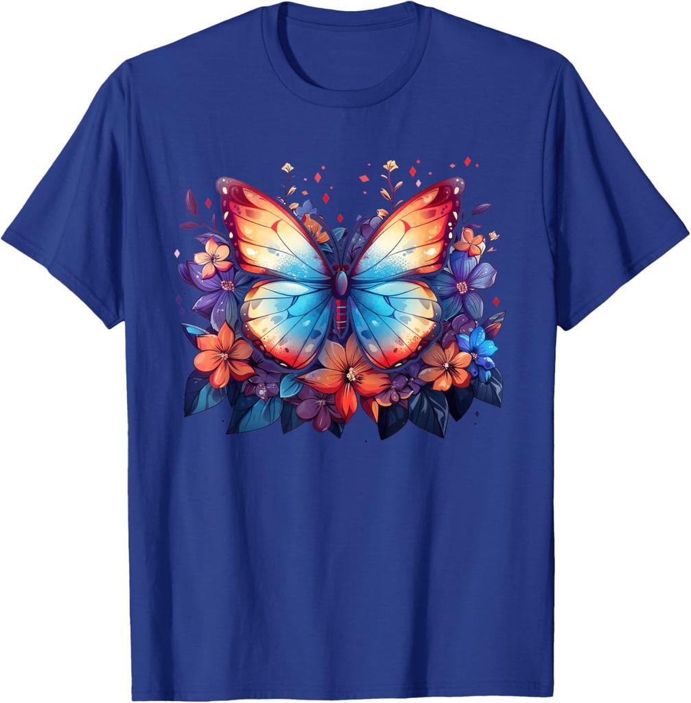 Colorful Butterfly Flowers Graphic Tee Men's Casual Short Sleeve Breathable T-Shirt
