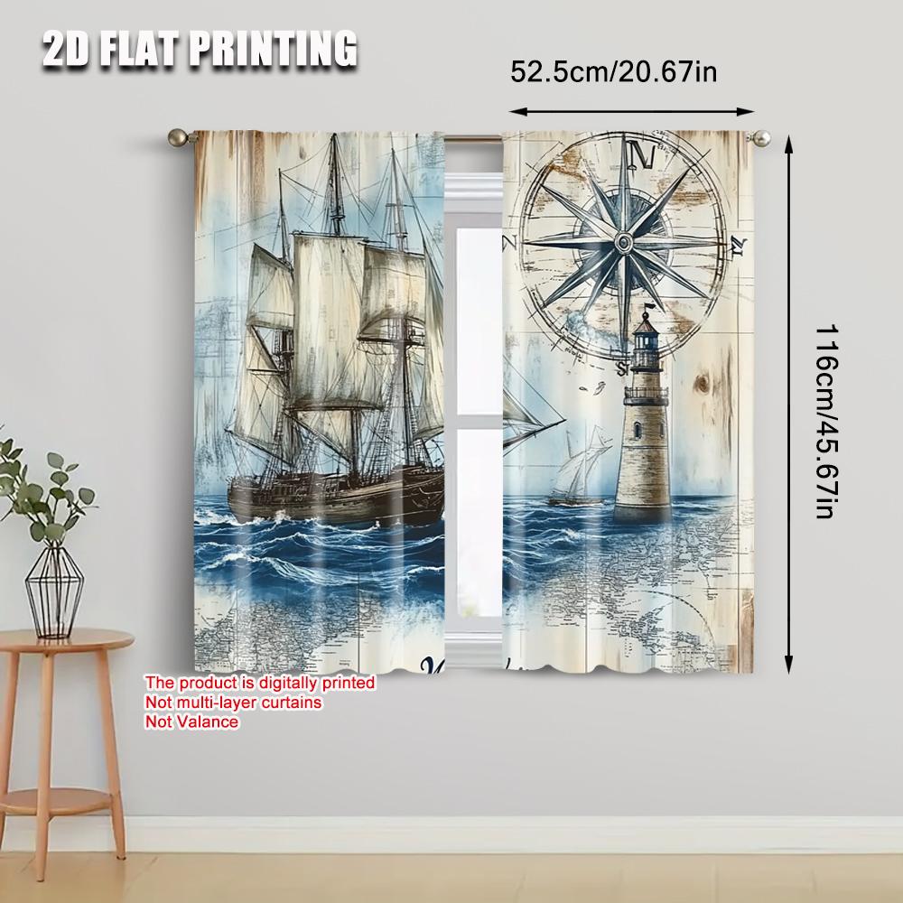 2pcs, Window Curtain 2D Plane Printing 1 To Lighthouse Machine Washable (without Rod) Thermal Insulation, and Room Darkening