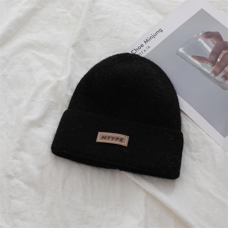 Korean Style Rabbit Fur Knitted Label Hat for Autumn and Winter Thickened To Show Face  Small Ear Protection Couple's All Match Pullover Hat