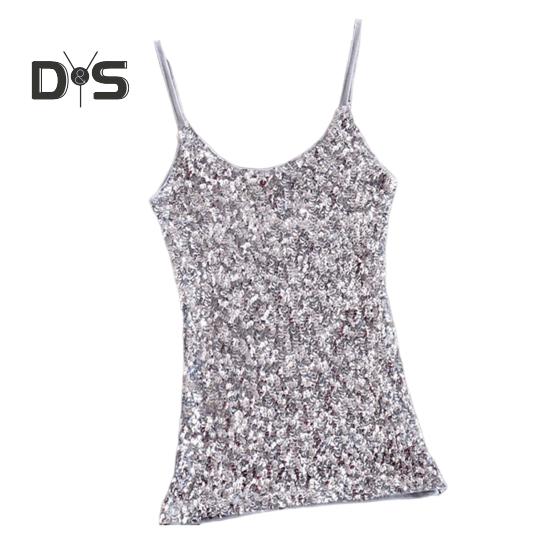 

Женский летний жилет-топ с блестящими пайетками, без рукавов, регулируемый, с бретельками-спагетти, с круглым вырезом, облегающий мягкий пуловер, эластичный, блестящий, для выступлений на сцене серебряный