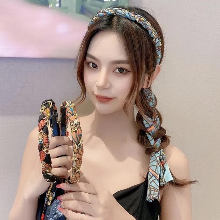 

Обруч для волос с цепочкой в ​​стиле ретро, ​​цельный ободок для волос, шелковый шарф, повязка для волос, женская летняя повязка для волос, высокая заколка для волос