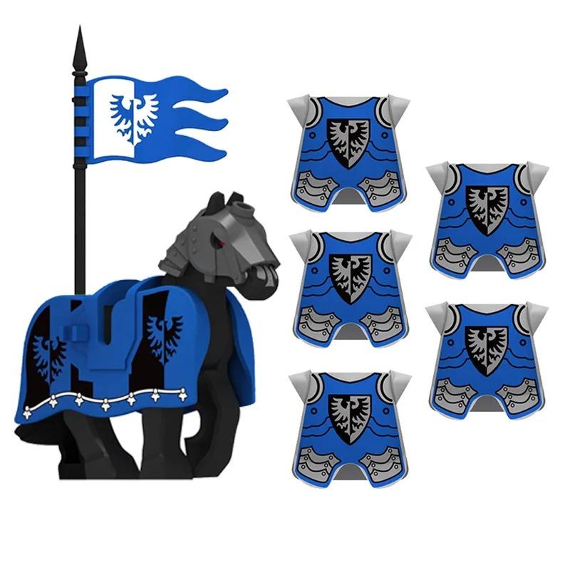MOC Medieval Red Lion Black Eagle Castle Soldier Knight Horse Mount Building Block Military Figure Vest Armor Flag Toy Gift B036
