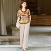 Retro Print T-shirt & Wide-leg Pants Set for Middle-aged Women