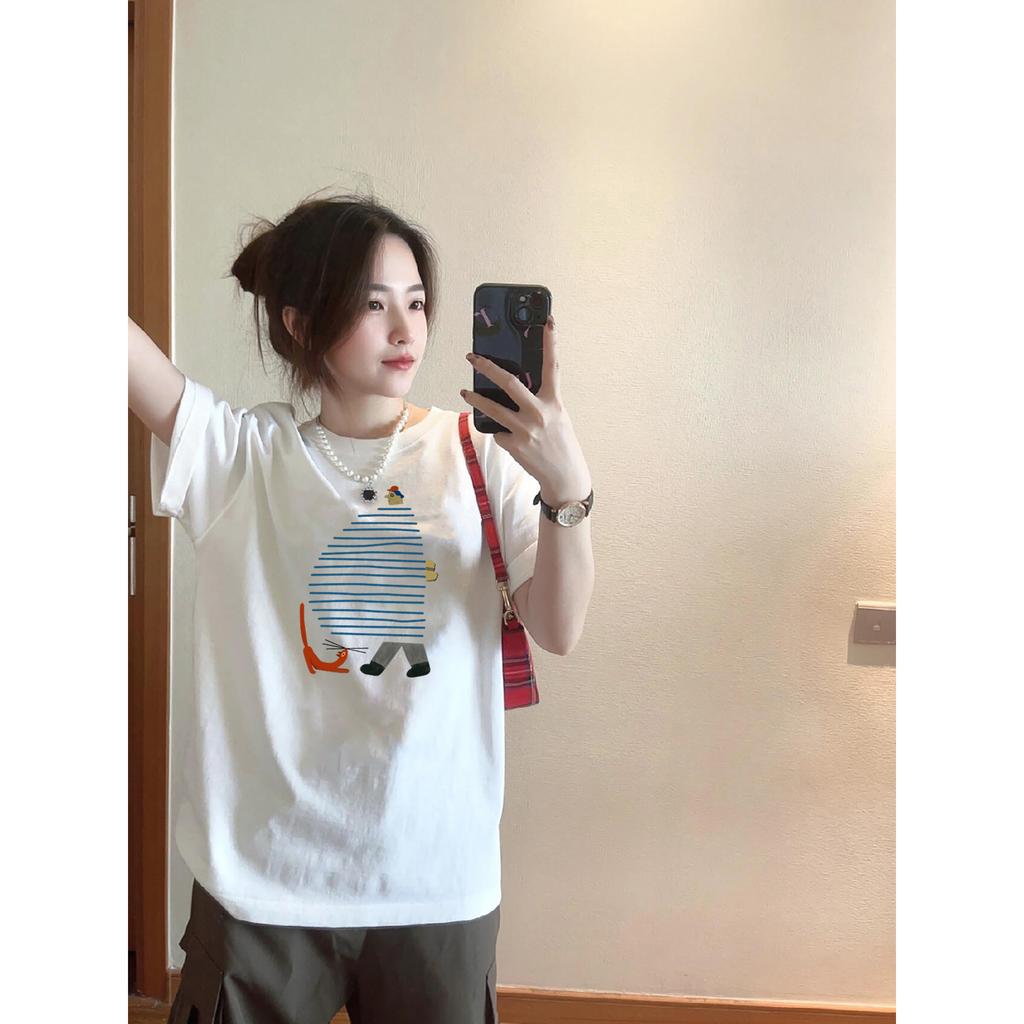 Men's and women's pure cotton short-sleeved summer new fashion printed white T-shirt loose inner bottoming shirt top