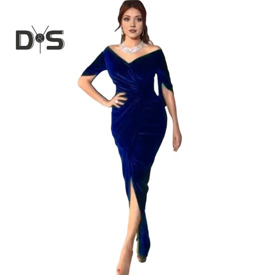 Abendkleid für Damen, schmal, plissiert, schulterfrei, Schlitz am Saum, halbe Ärmel, jährliches Symposium, Hochzeit, Party, Abschlussball, Maxikleid, Ballkleid