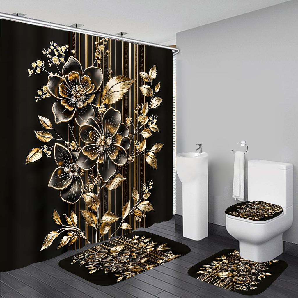 4Pcs Shower Curtain Set with Non-Slip Bath Mat, Toilet Lid Cover, Contour Rug & 12 Hooks, Bathroom