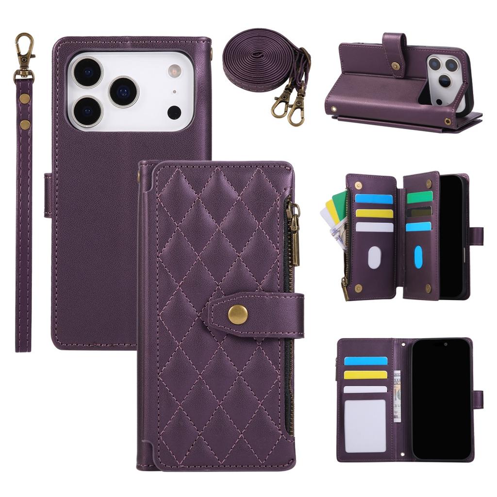 For iPhone 17 16 15 14 13 12 Pro Max Crossbody Strap Multi-Functional Delicate Leather Comfortable Grip Zipper Bag Wallet Case