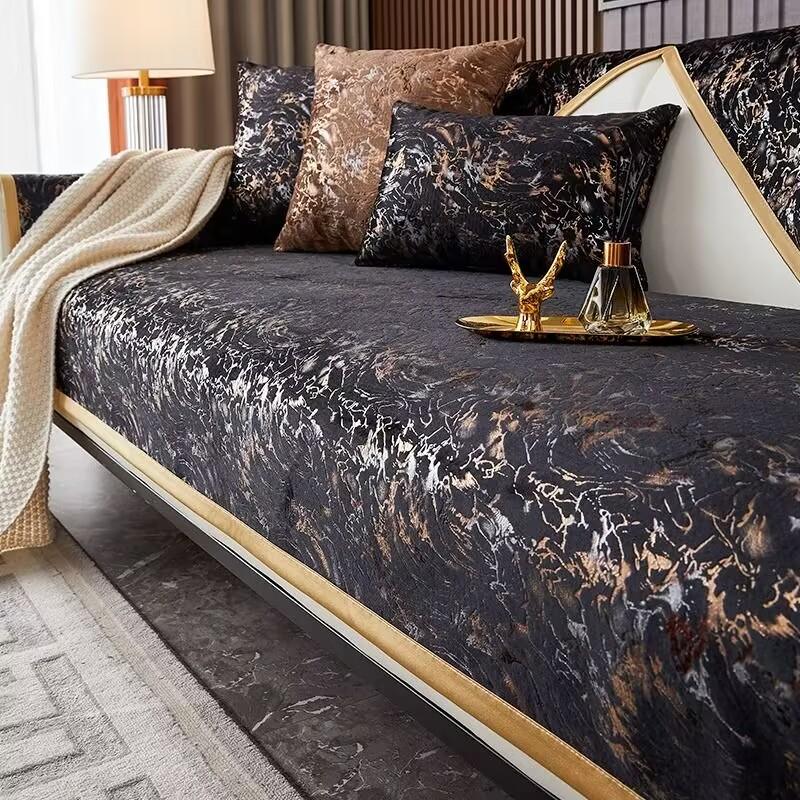 High-end Black Gold Leather Sofa Cushion Modern Non-slip Anti Cat Scratching Chair Pad Satin Edging Recliner Cover Towel Winter