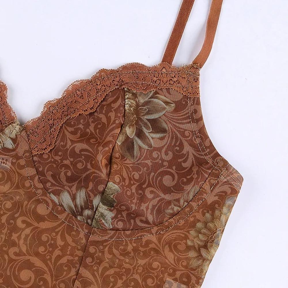 Slim Fit Lace Camisole Brown Lace Splicing Tank Top Streetwear Lace Corset Travel
