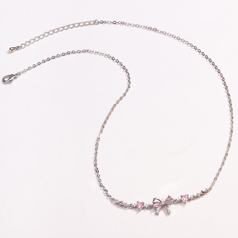 Shiny Pink Bow Heart Zircon Jewelry Set Necklace Bracelet for Women Trendy Y2K Style Accessory Gift for Teens