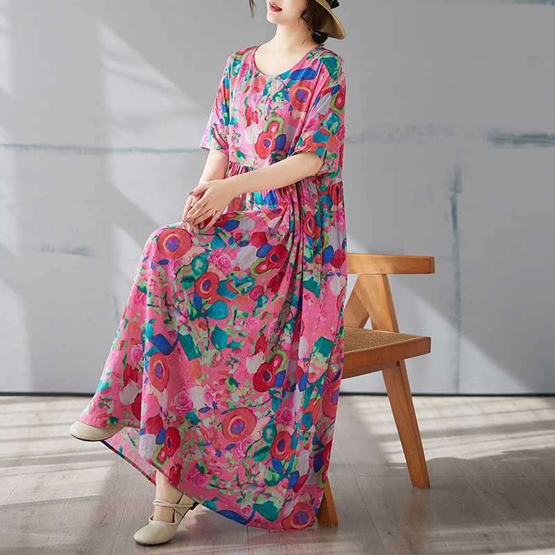 

Summer Short Sleeved Round Neck Bohemian Long Skirt One size