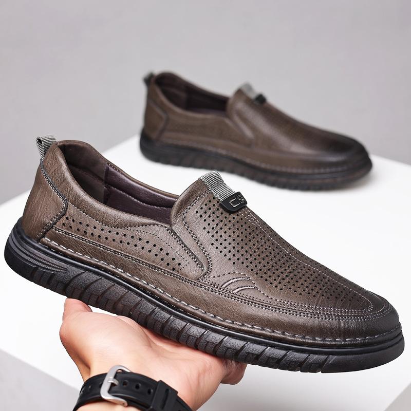 Men's Hollow Leather Shoes Breathable Cool Leather Shoes Non-slip Casual Beef Tendon Sole Sandals Men's Breathable Non-slip