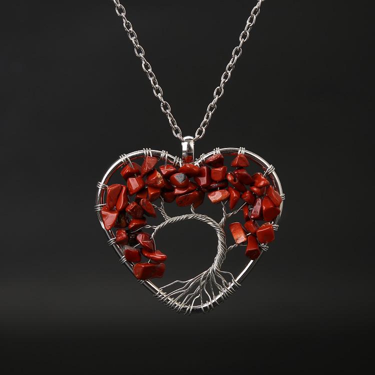 Seven-Color Heart-Shaped Tree of Life Necklace with Natural Stone Crystals