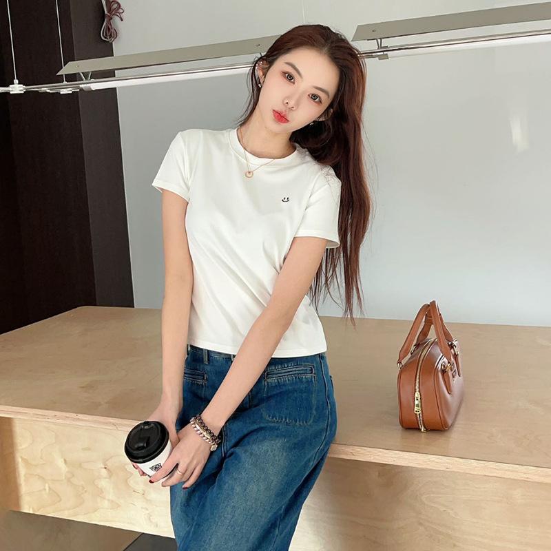 

Crew Neck Cotton Short-sleeved T-shirt Women s Slim-fit Front Shoulder Top, New Summer White Foreign-style Bottoming Shirt Inside XL абрикосовый