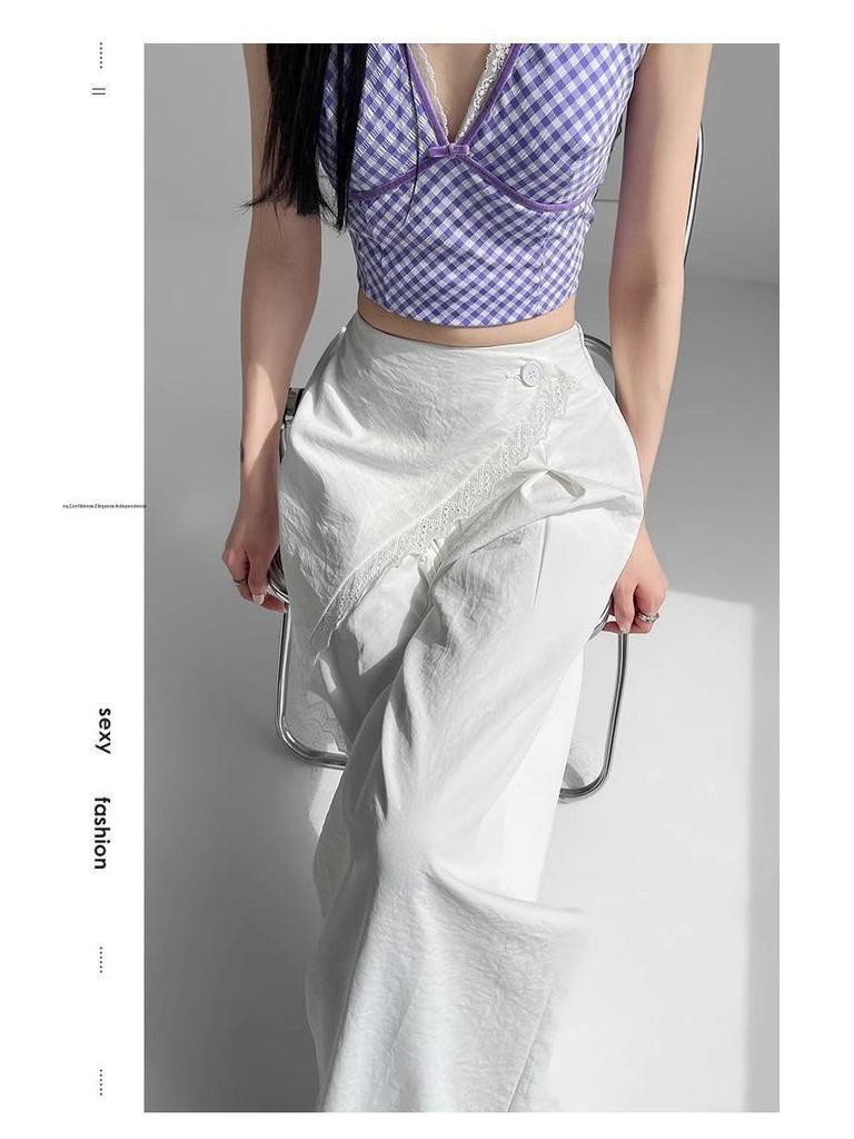 Women's White Lace Two-Piece Wide-Leg Pants with Crotch Cover - High-Waisted, Slimming, Draping, Floor-Length for Summer