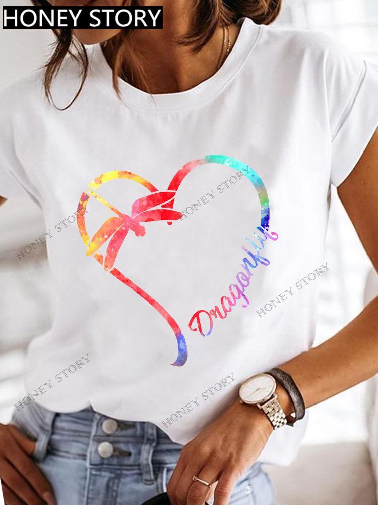 Dragonfly Butterfly Print Base Top Loose Women's Short-sleeved T-shirt Round Neck Oversized T Shirt  Women Clothes