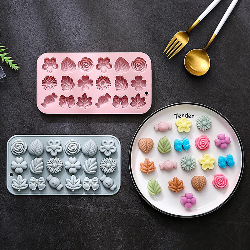 1Pc 18 Cavities Flower Silicone Molds Diy Rose Flower Candy Molds Rose Leaf Bow Tie Shape Molds Pudding Soap Cookie Molds