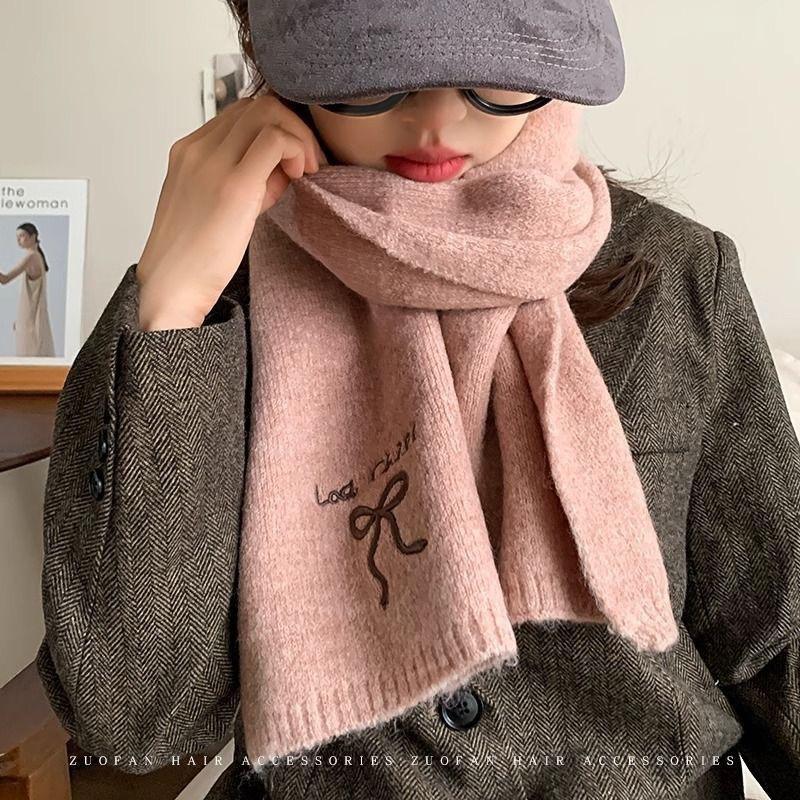 Winter Warm Knitted Scarf Selected Autumn and Winter Wool Blended Monochrome Embroidered Scarf Women's New Versatile Parent Child Style