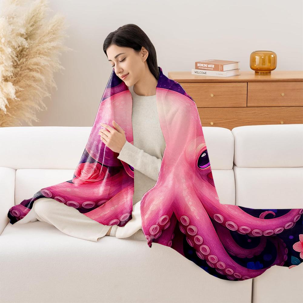 1pc Pink Octopus & Purple Roses Plush Fleece Blanket - Cute Anime-Inspired Tentacle & Bedspread, Soft Quilted All-Season Cozy