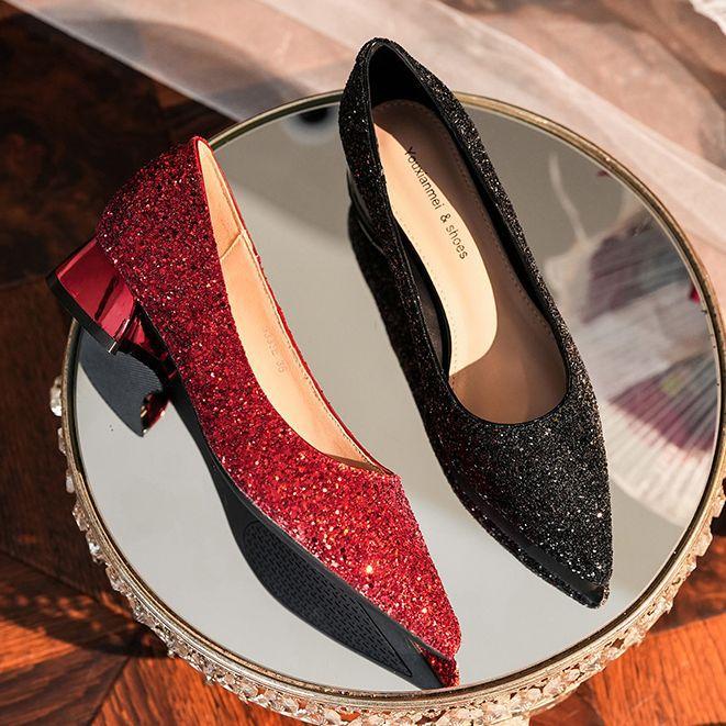 Low Heel Shiny Glitter Pointed Women's Shoes Red High Heels Comfortable Wedding Shoes Banquet Shoes Bridesmaid Shoes