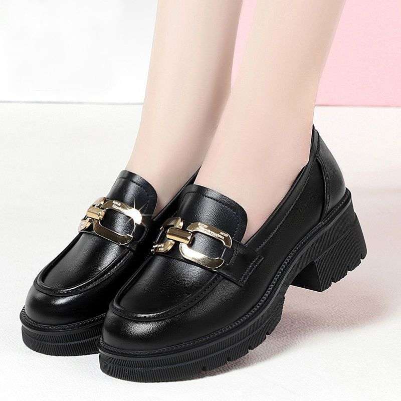 Loafers Women's 2025 Spring and Autumn New Round Head Bright Leather British Style Thick Sole Heightening Small Leather Shoes One Pedal College Shoes