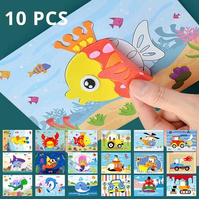 10 Pcs 3D EVA Foam Sticker Creative Art Craft Kit Ideal for Children Boys Girls DIY Cartoon Animal Transportation Painting Education