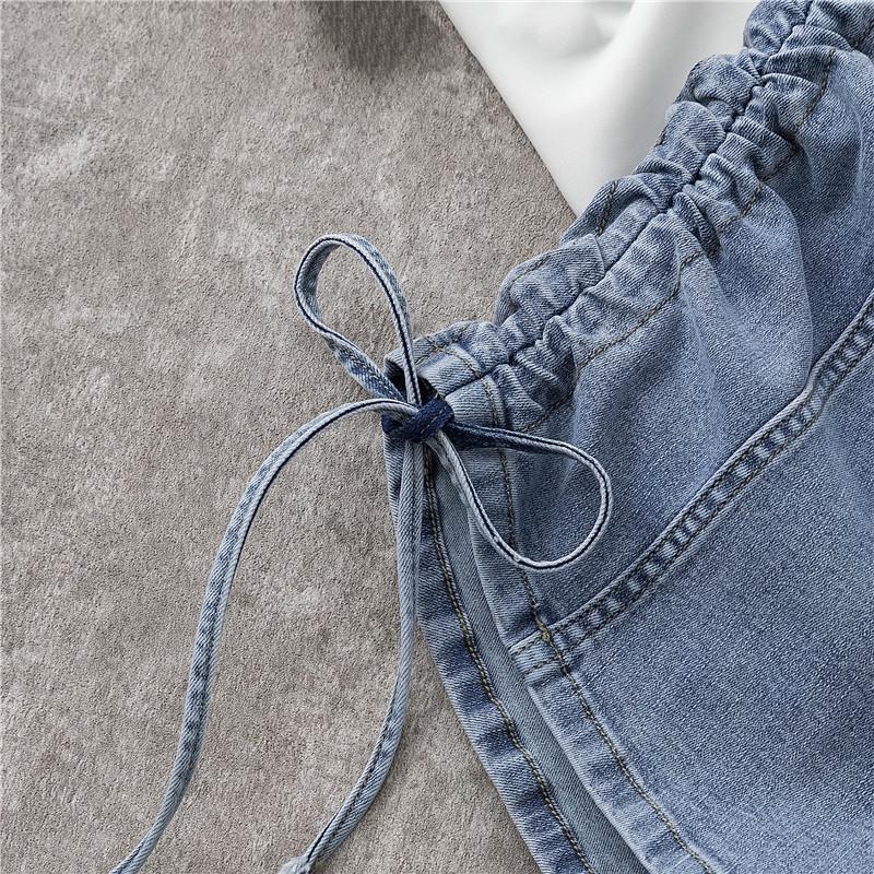 High-Waist Elastische Jeans-Shorts: Damen 2022 Sommer Schlank geschnitten A-Linie Kordelzug Weites Bein Design