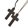 Vintage Wooden for Cross Pendant Brown/Black Rope Necklace Adjustable for Men Wo