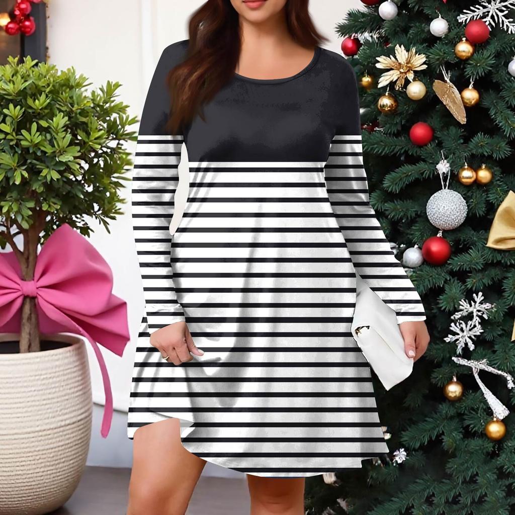 Plus Size Women's Gradient Print Casual Spring/Autumn Pocket Round Neck Long Sleeve Dress