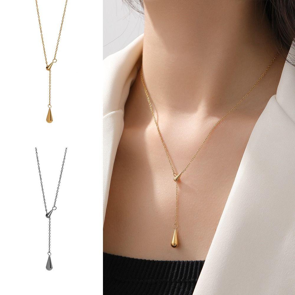 Adjustable Dewdrop Necklace Titanium Steel Metal Necklace Water Drop Tassel Necklace  Jewelry Gifts
