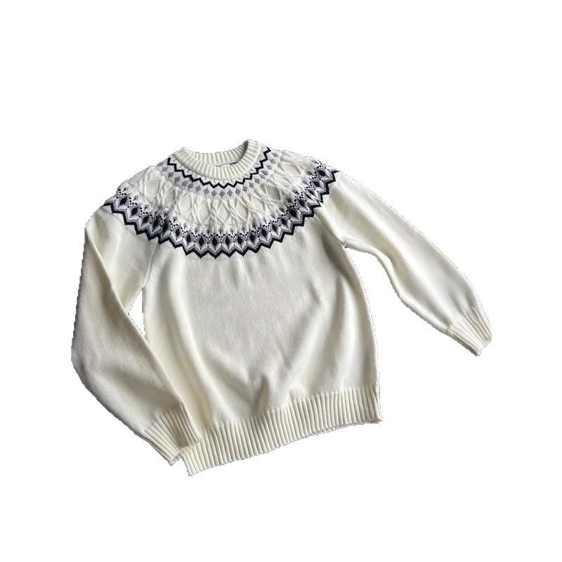 Unisex Retro Fair Isle Knit Sweater Crew Neck Loose Fit Daily Wear Winter Pullover