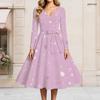 Women Plus Size V Neck Long Sleeve Light Purple Printed Tie Waist Flared A Line Midi Dress