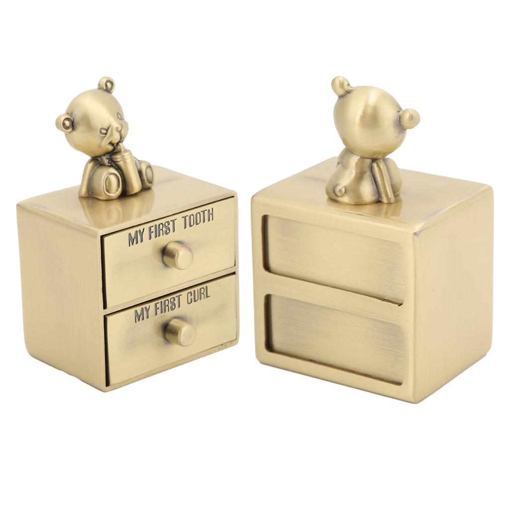 Tooth Box Metal Cute BearShape Storage Case with 2 Drawers for Children Growth Memorial Gift Jewelry Collection(Green Patina )
