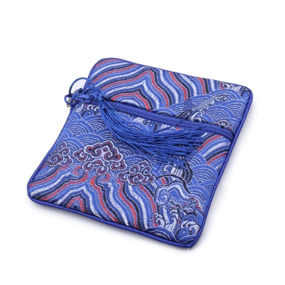Women Exquisite Silk Jewelry Organizer New Chinese Style Embroidery Jewelry Storage Bag Wave Flower Zipper Bag