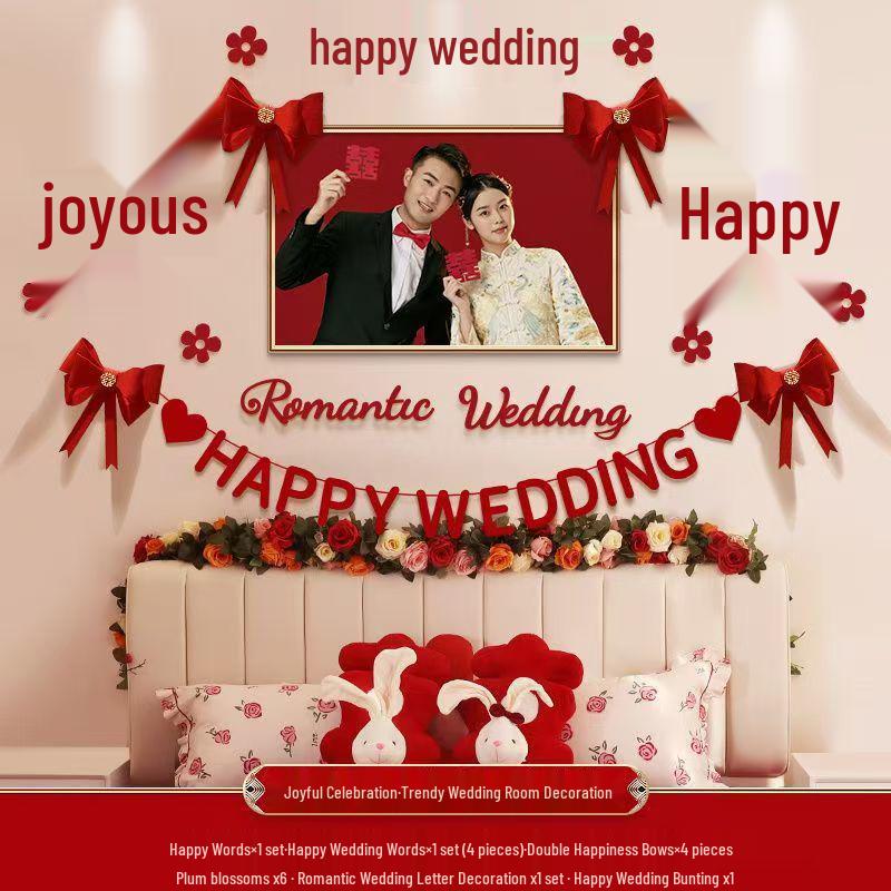 Wedding Room Decor: Double Happiness Banner with Butterflies for Bride and Groom's Bedroom Wall