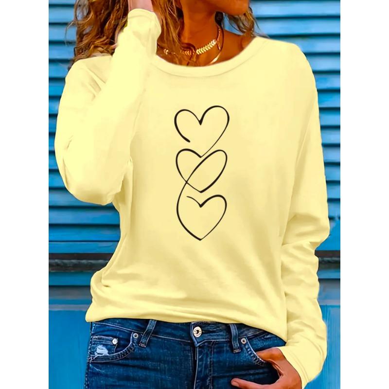 Heart Pattern Print Long Sleeve T-shirt, Women's Casual Crew Neck Top