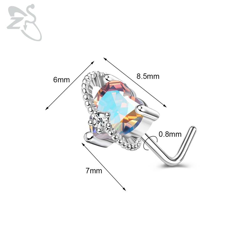 ZS 1 Piece Cute CZ Crystal Nose Stud L-Shape 20g Stainless Steel Nose Piercings Flower Moon Heart Shape Zircon Nostril Piercing