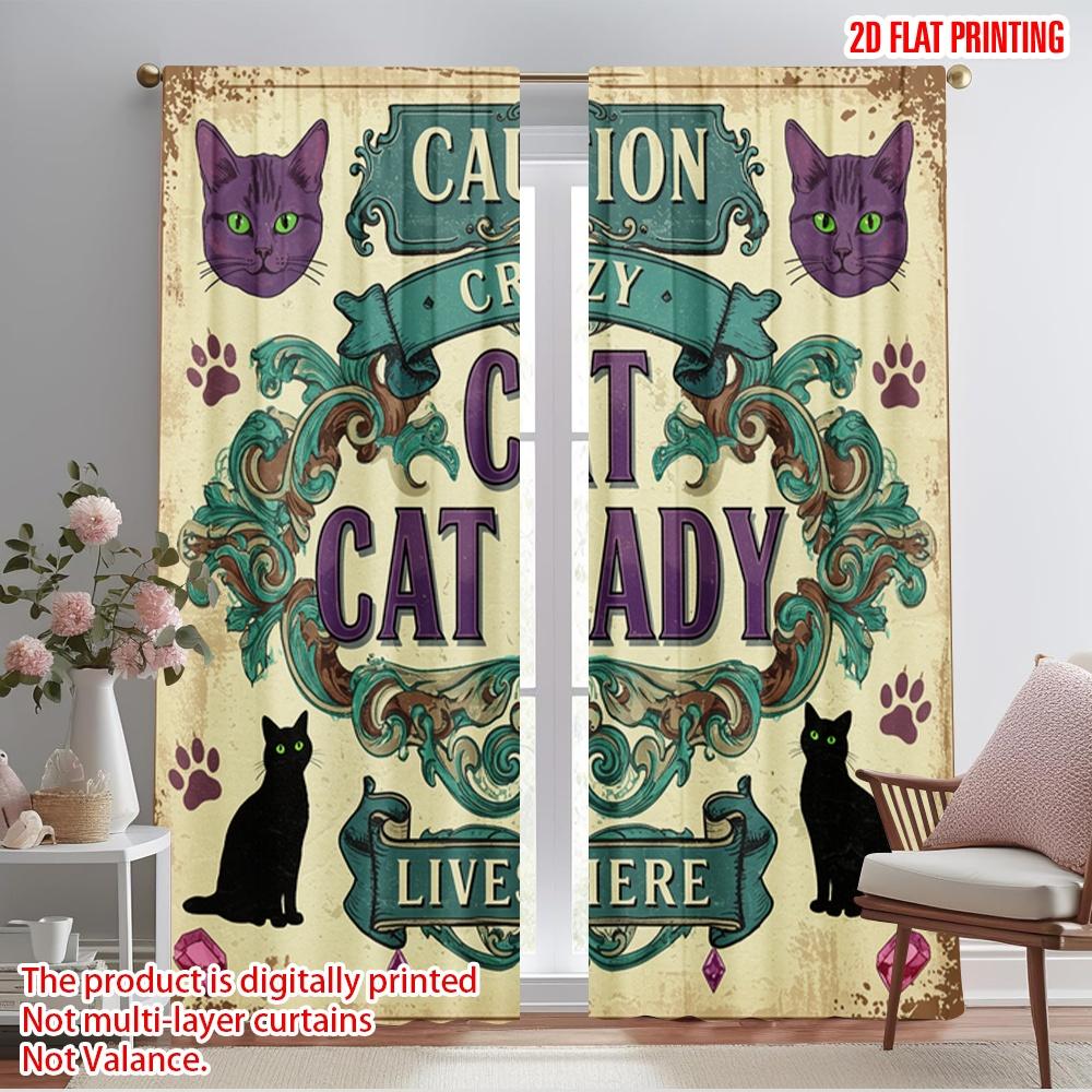 

2pcs 2D flat printing Window Curtains CAUTION CRAZY CAT LADY LIVES 100% Polyester Without Electricity Festive Curtains for 52.50×116.00 CM 2pcs
