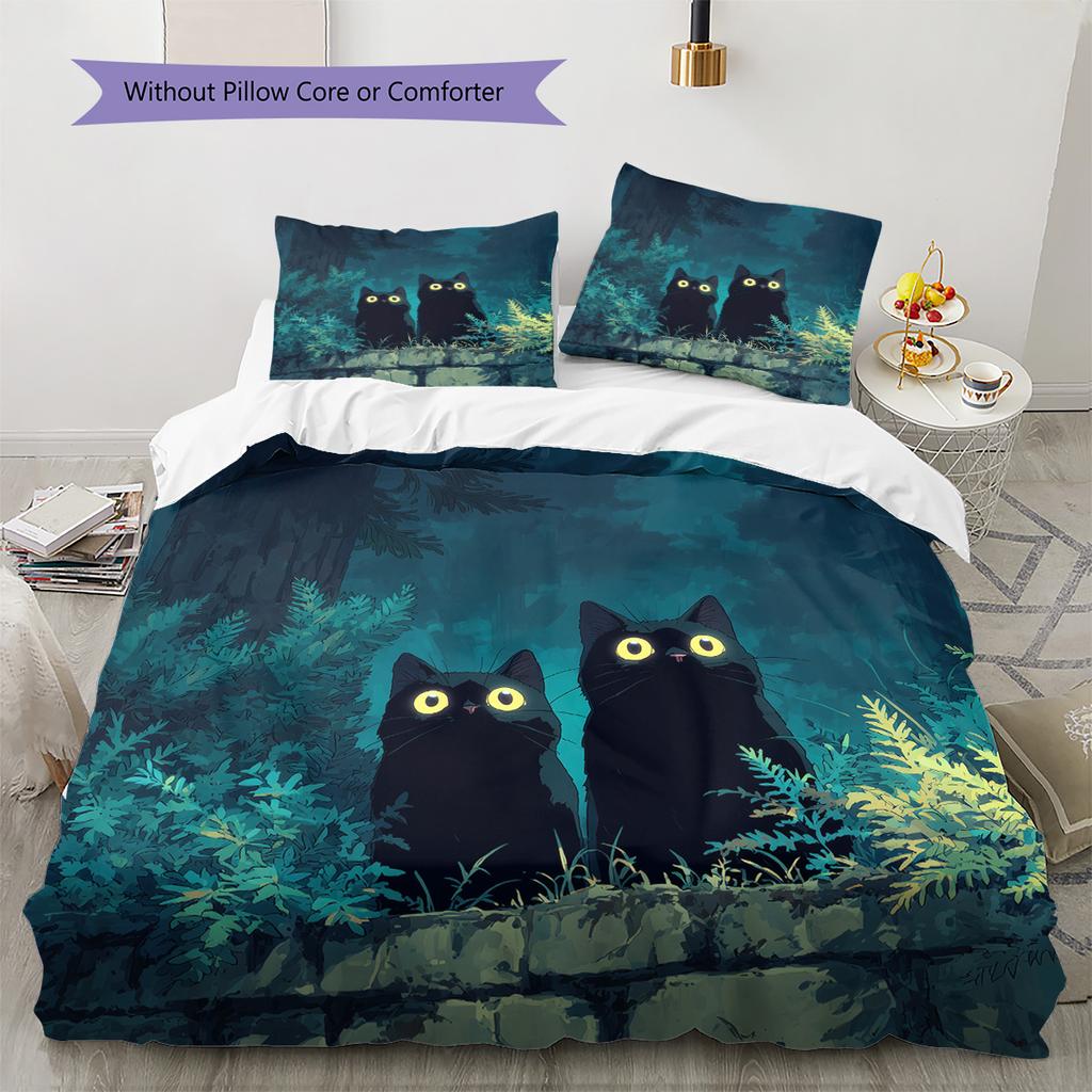 Black Cat at Night Pattern Bedding Quilt Set  Home Decoration  Gift (1 * duvet cover + 2 * pillowcase  without core)