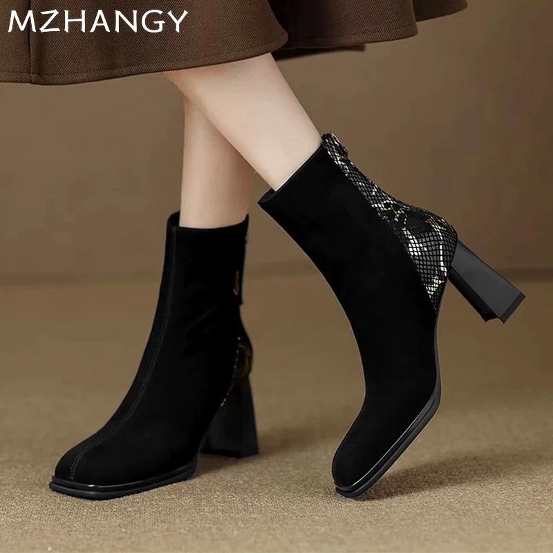 Women Suede Square Toe Ankle Boots Elegant High Heels Shoes Woman 2025 Trend Winter Dress New Pumps Motorcycle Boots Mujer Botas