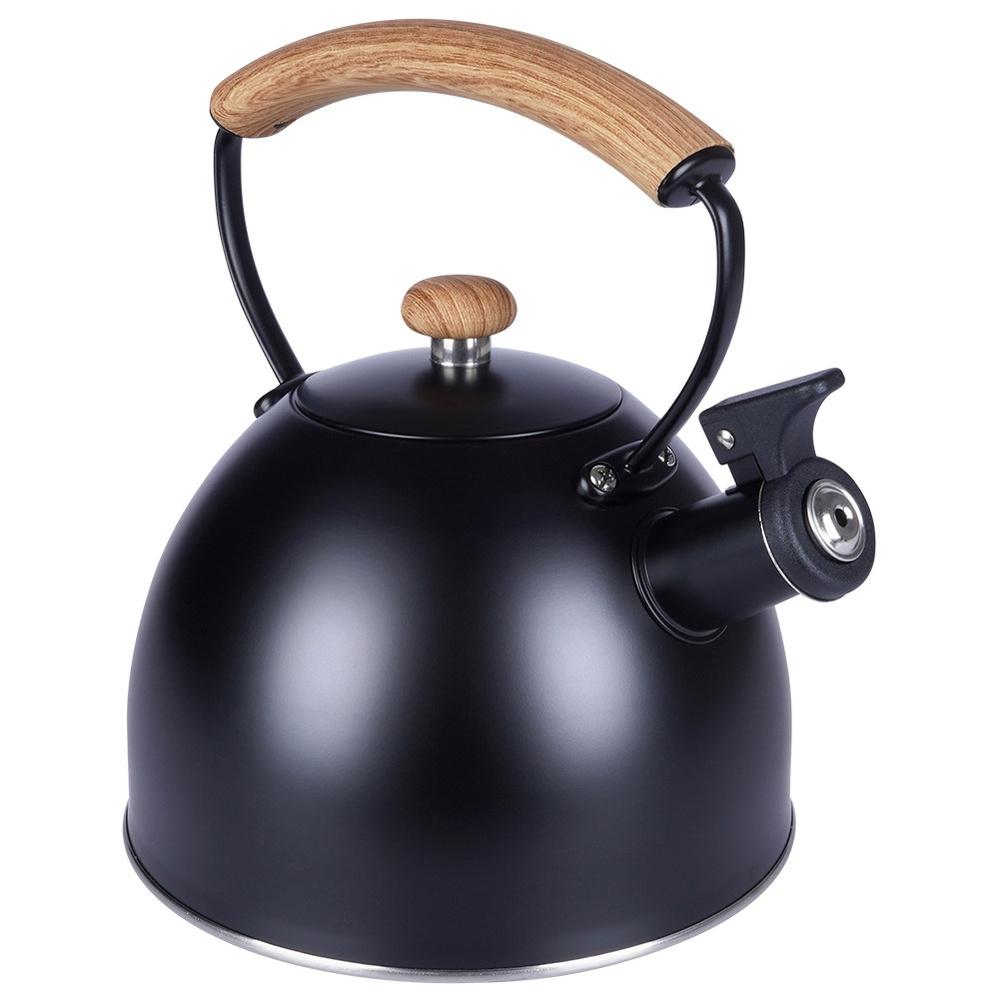 Black Steel Kettle with Whistle for Boiling Water on the Stove
