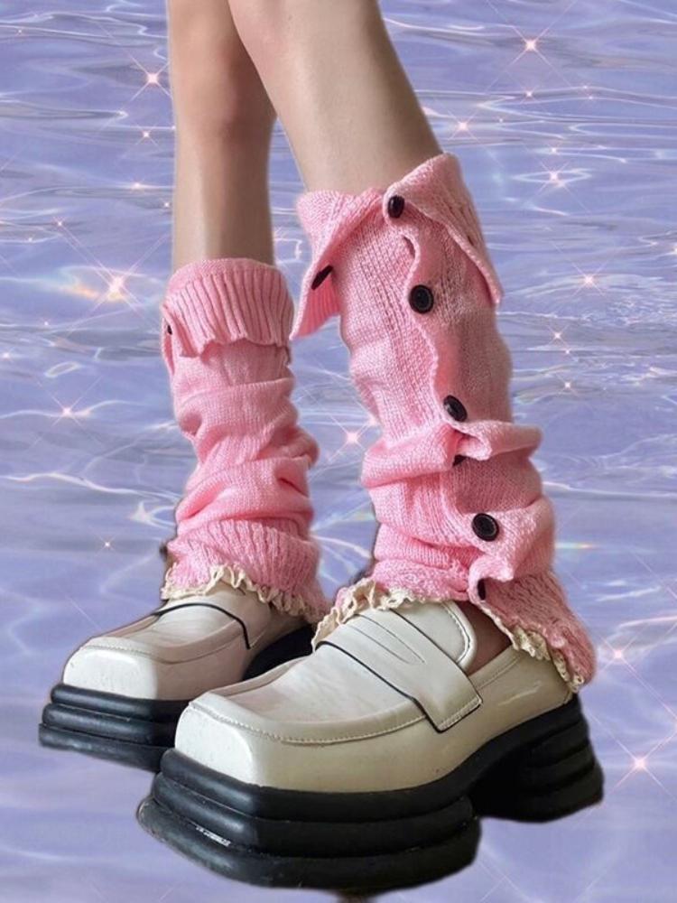 

New Grey Ankle Warmers Y2K Subculture Lolita JK Cute Leg Warmers Women Japanese Knitted Button Lace Trim Foot Covers Boot Socks One Size розовый
