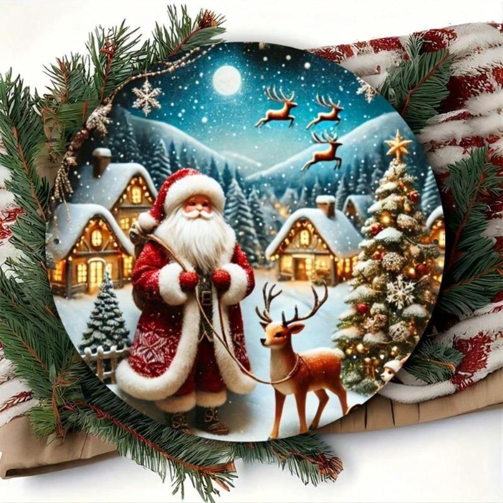 1pc Hand Painted Santa Claus Reindeer Village Snowy House Pine Metal Tin Wall Art Christmas Decor