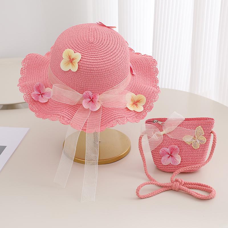 

Kids Straw Hat Bag Set Girls Summer Flower Butterfly Sun Hat Toddler Beach Hat UV Protection Kids Size (50-52cm) троянди рожеві кольору