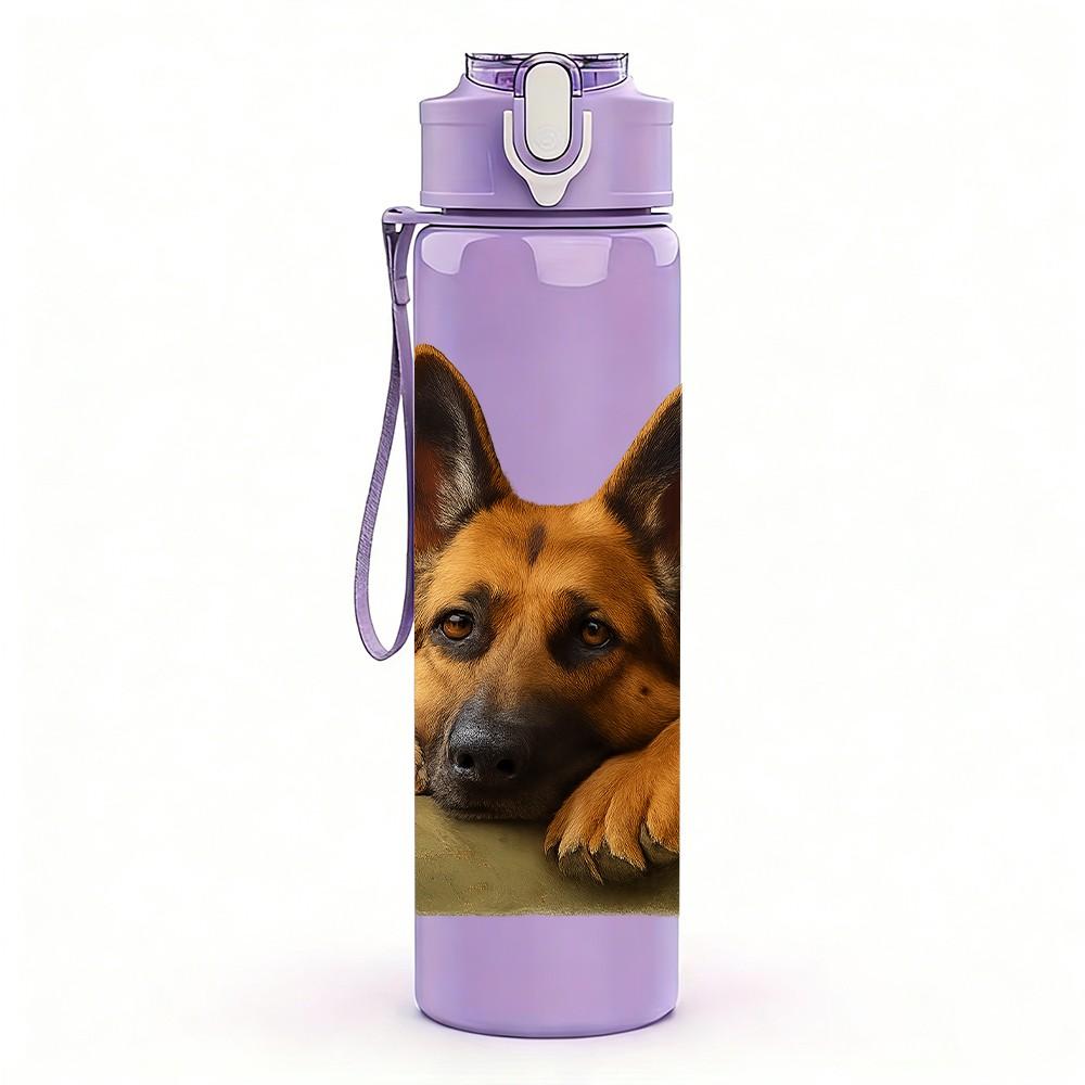 1PC German Shepherd Sit Pose 750ml Color Plastic Sports Water Bottle Leakproof Flip Straw Lid Suitable for Sports Office Home Use